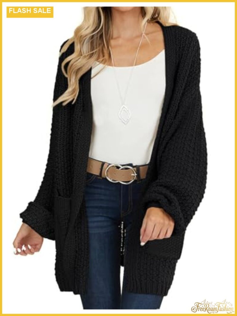 Long Sleeve Chunky Knit Cardigan Sweater V-Neck Open Front Loose Fit